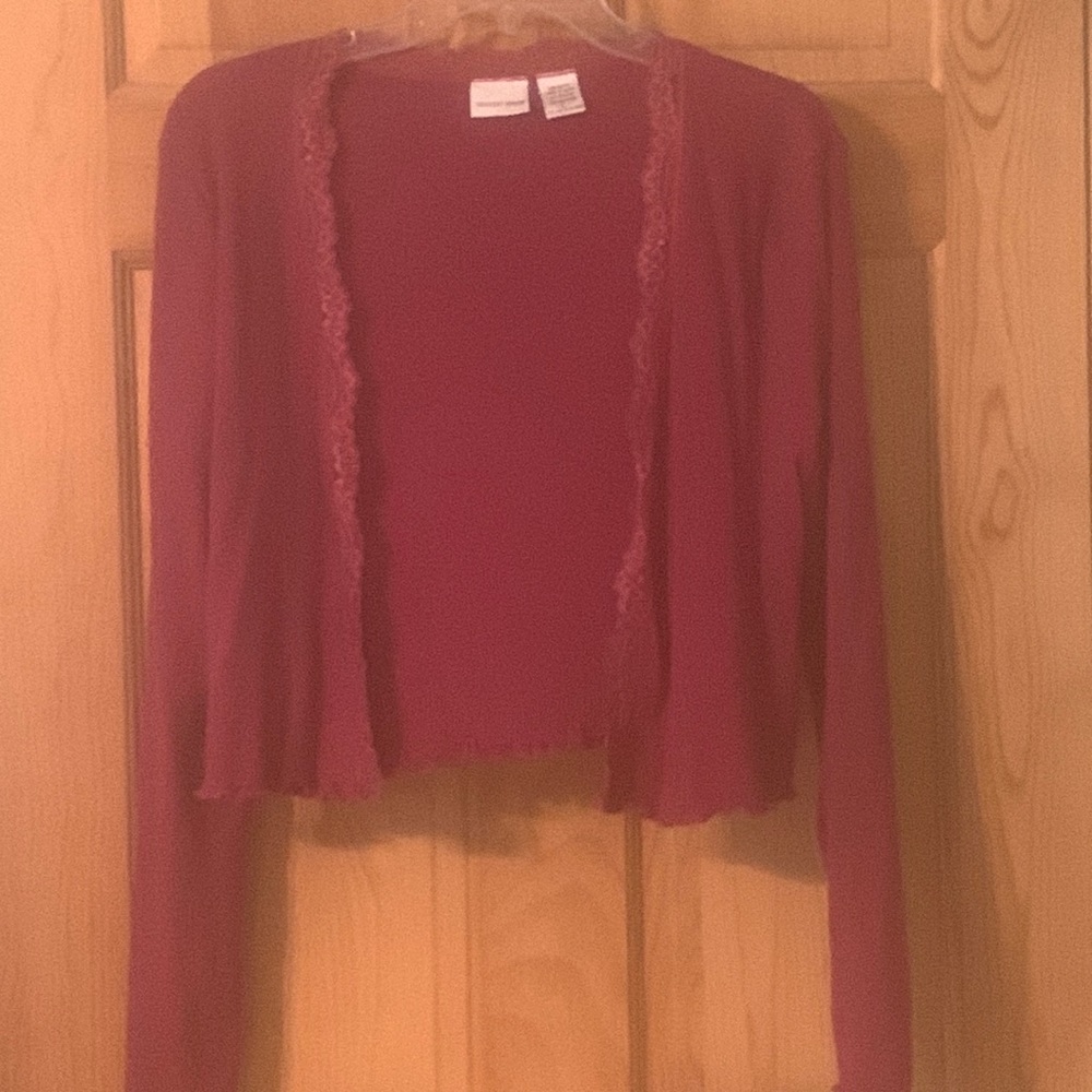 Newport News Bolero Type Ribbed Cardigan with Lace Detail  Size Large 100%Cotton